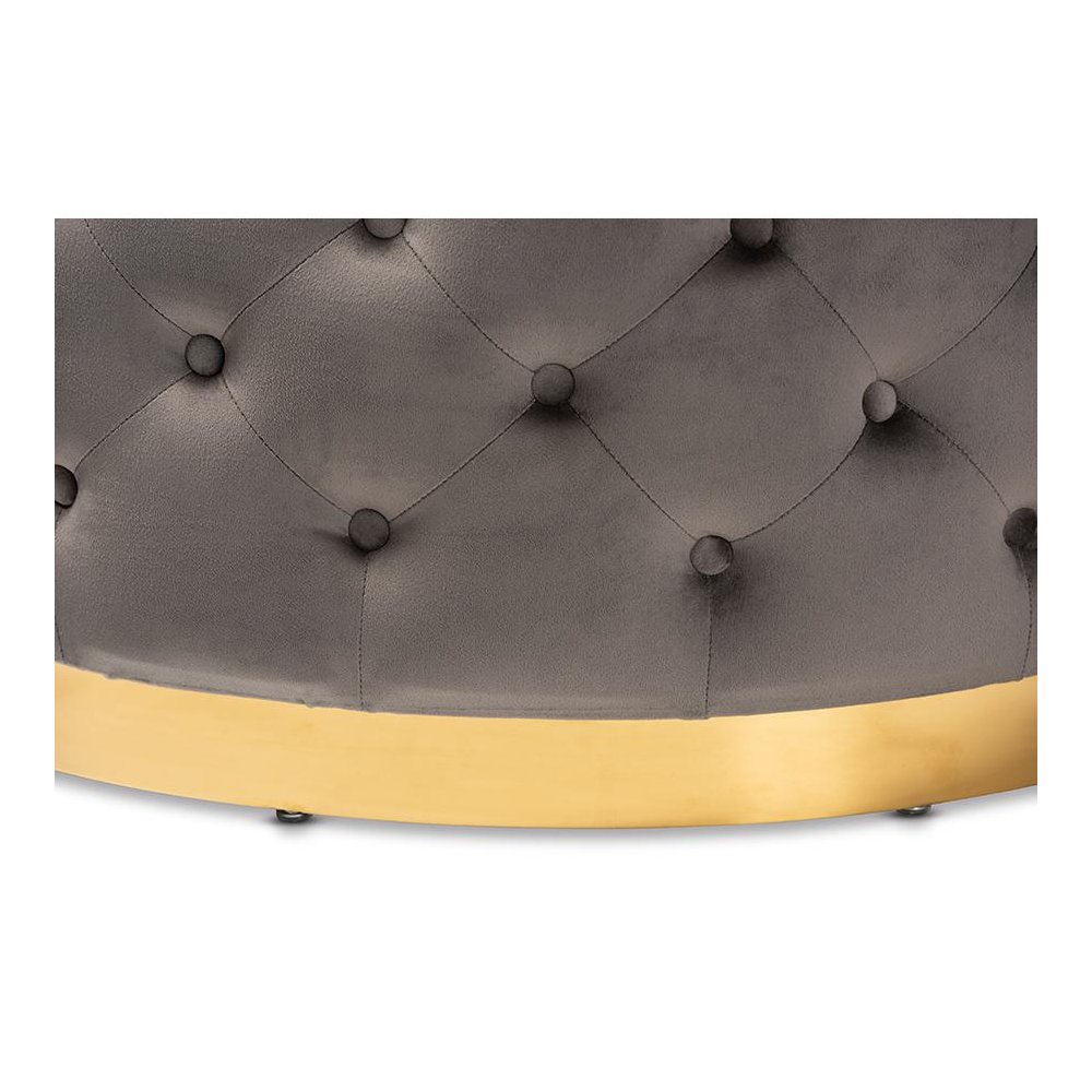Luxe Grey Velvet Fabric Upholstered Gold Finished Round Cocktail Ottoman. Picture 3