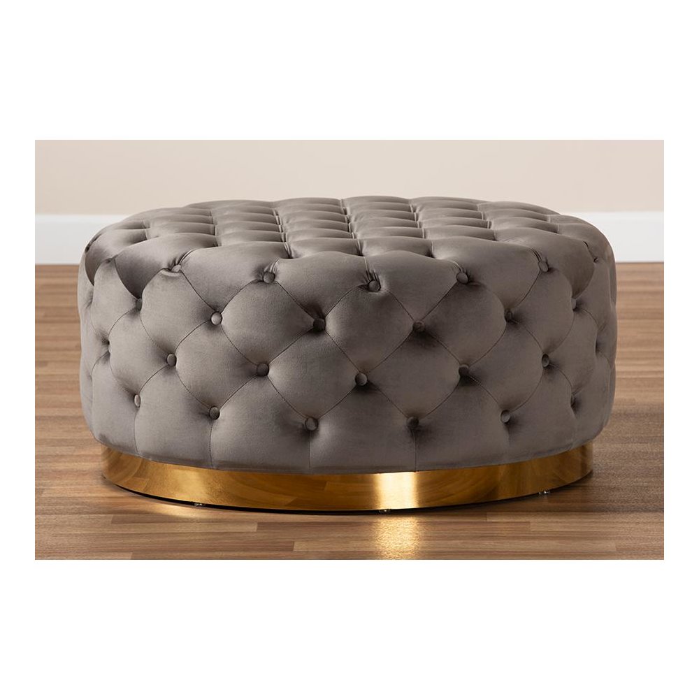Luxe Grey Velvet Fabric Upholstered Gold Finished Round Cocktail Ottoman. Picture 5