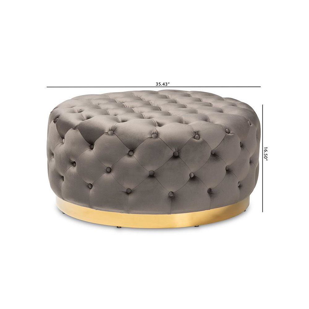 Luxe Grey Velvet Fabric Upholstered Gold Finished Round Cocktail Ottoman. Picture 6