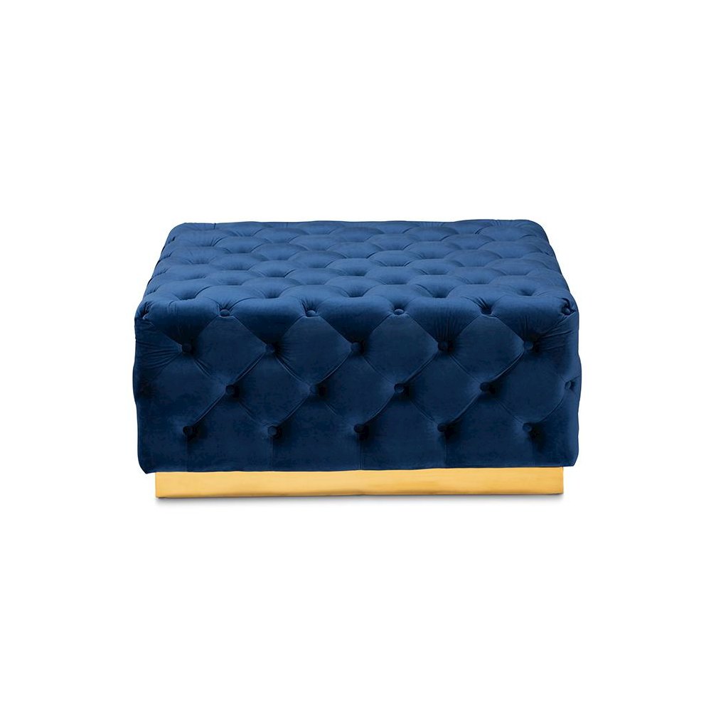 Luxe Royal Blue Velvet Fabric Upholstered Gold Finished Square Cocktail Ottoman. Picture 2