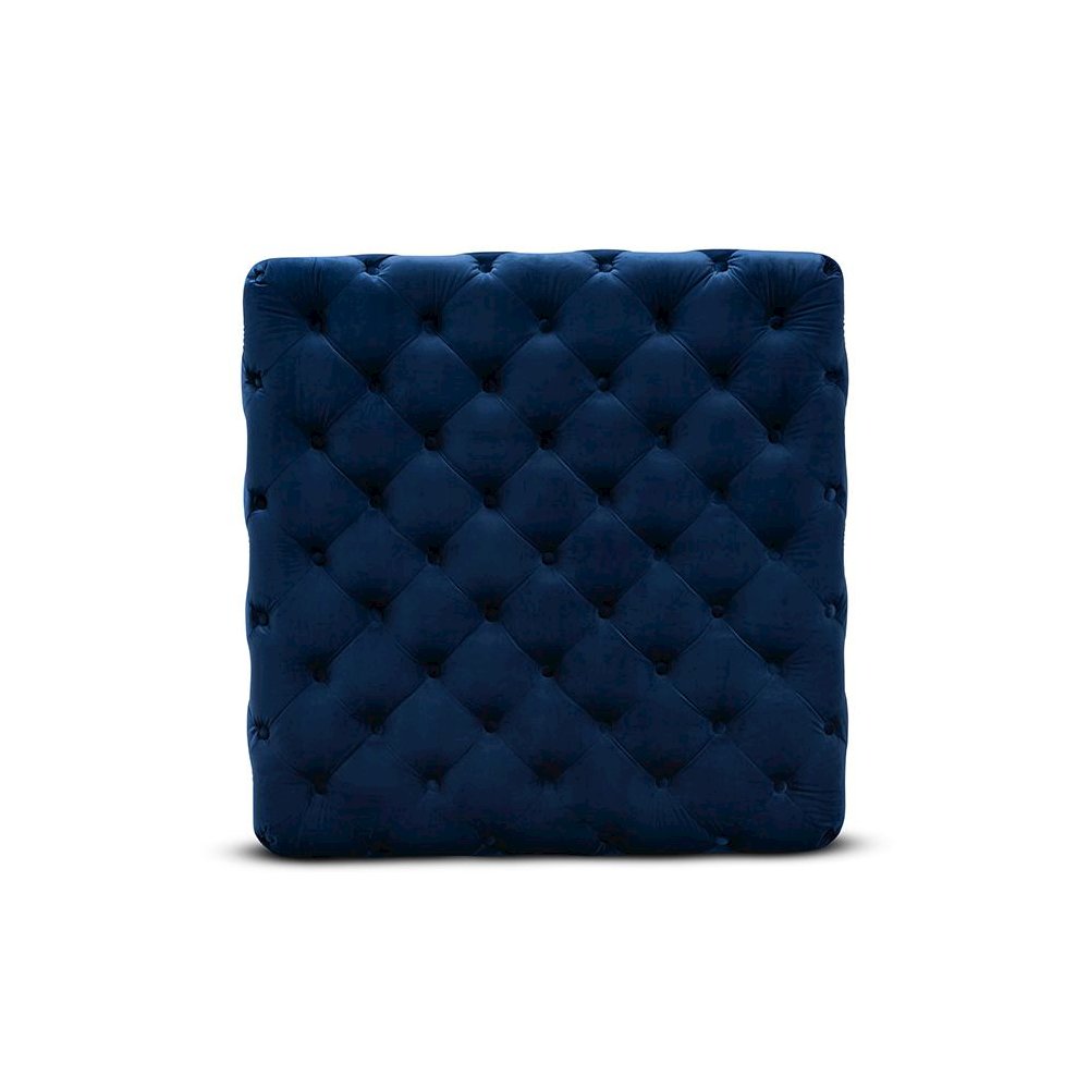Luxe Royal Blue Velvet Fabric Upholstered Gold Finished Square Cocktail Ottoman. Picture 3