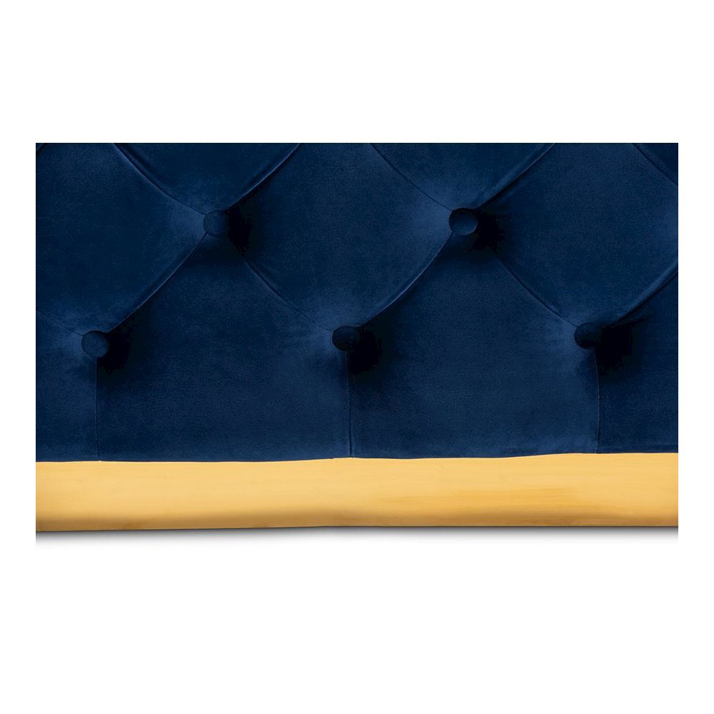 Luxe Royal Blue Velvet Fabric Upholstered Gold Finished Square Cocktail Ottoman. Picture 4