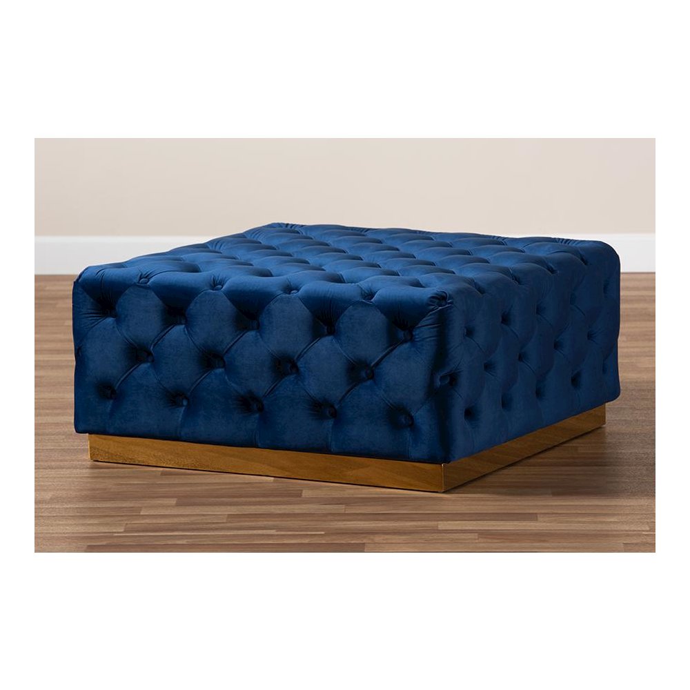 Luxe Royal Blue Velvet Fabric Upholstered Gold Finished Square Cocktail Ottoman. Picture 6
