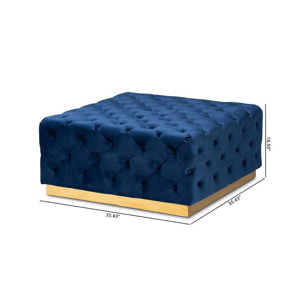 Luxe Royal Blue Velvet Fabric Upholstered Gold Finished Square Cocktail Ottoman. Picture 7