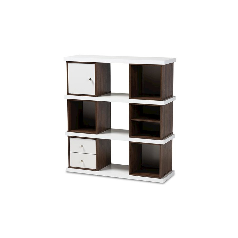 Two-Tone White and Walnut Brown Finished 2-Drawer Bookcase. Picture 1