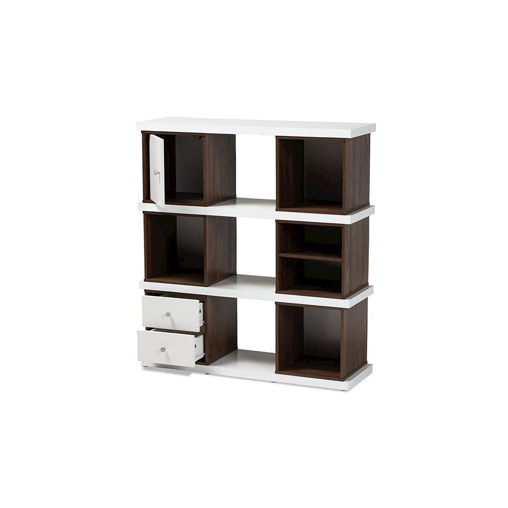 Two-Tone White and Walnut Brown Finished 2-Drawer Bookcase. Picture 2