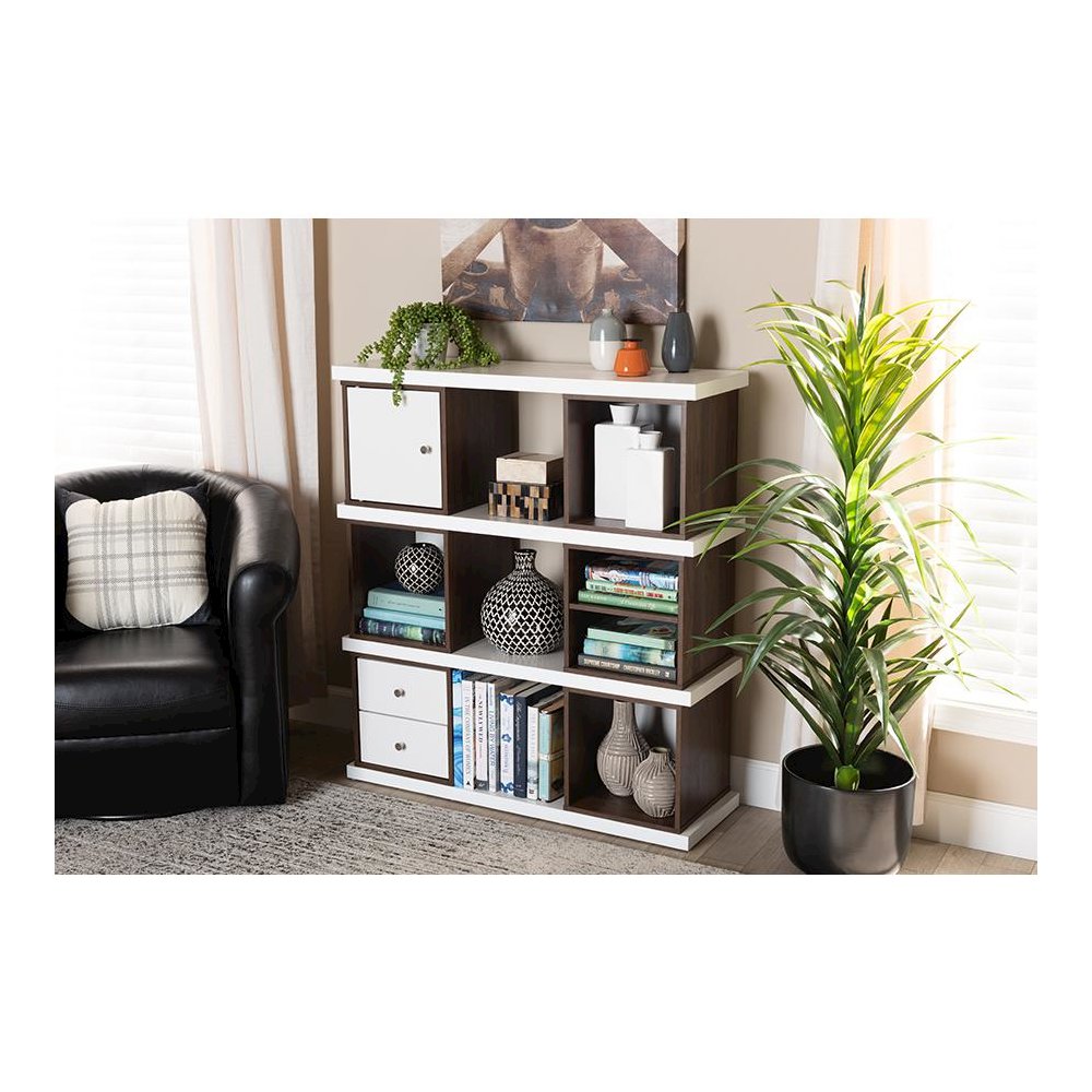 Two-Tone White and Walnut Brown Finished 2-Drawer Bookcase. Picture 6