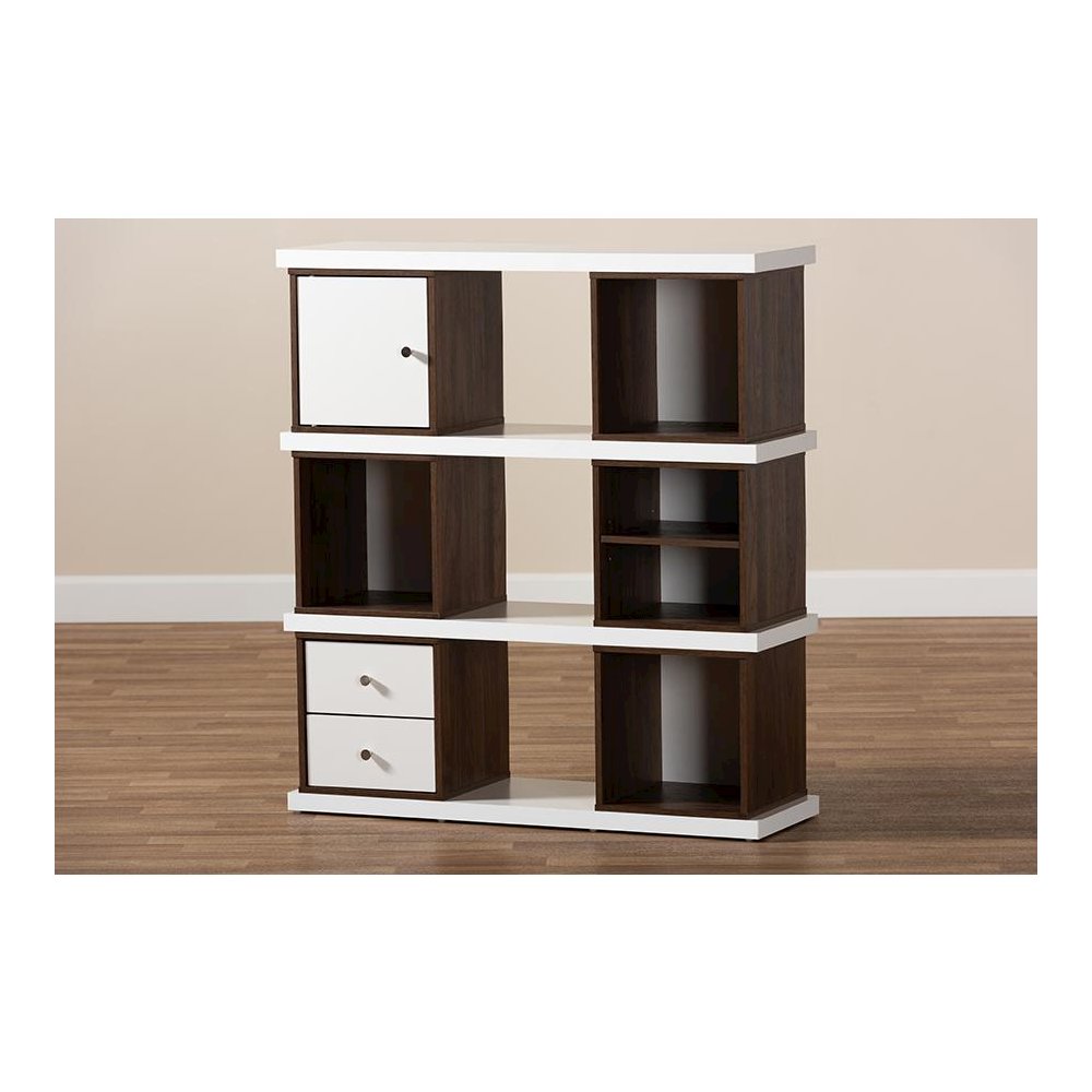 Two-Tone White and Walnut Brown Finished 2-Drawer Bookcase. Picture 7