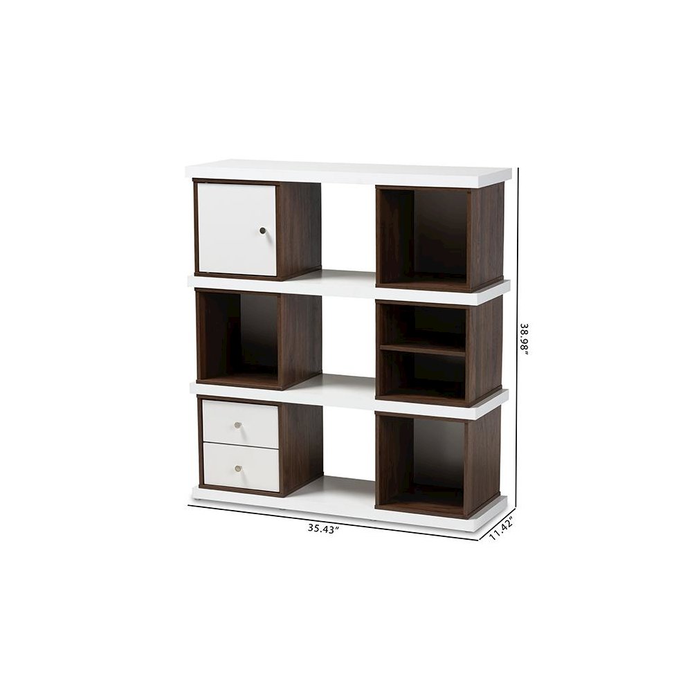 Two-Tone White and Walnut Brown Finished 2-Drawer Bookcase. Picture 8
