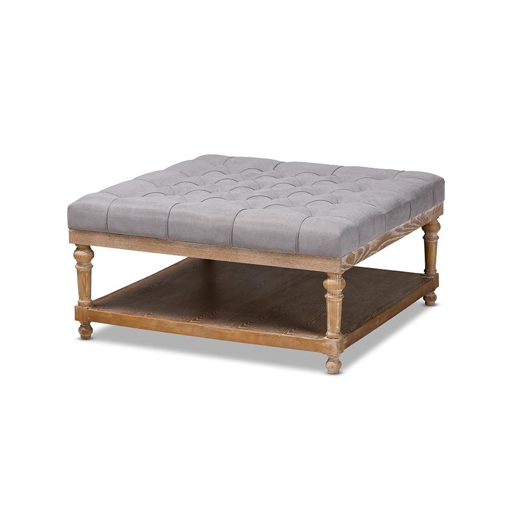 and Rustic Grey Linen Fabric Upholstered and Greywashed Wood Cocktail Ottoman. Picture 1