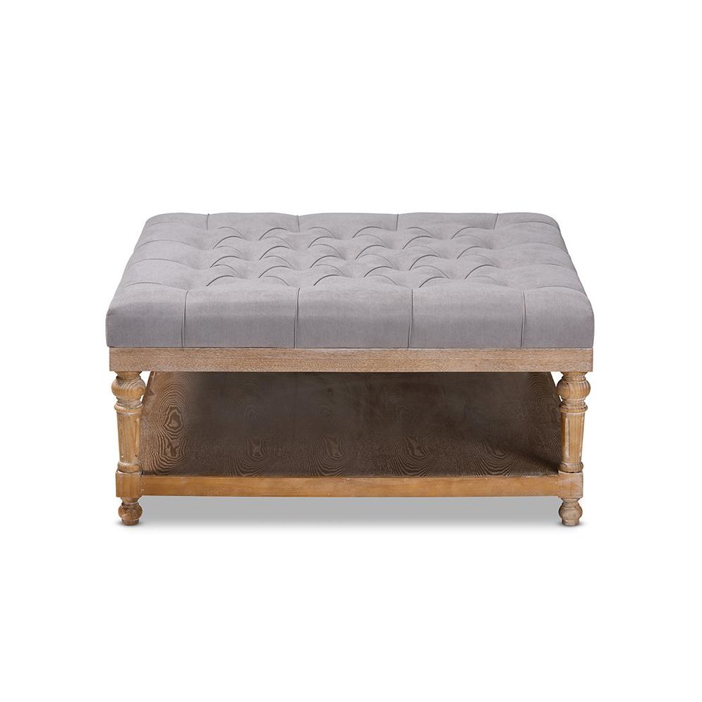 and Rustic Grey Linen Fabric Upholstered and Greywashed Wood Cocktail Ottoman. Picture 2