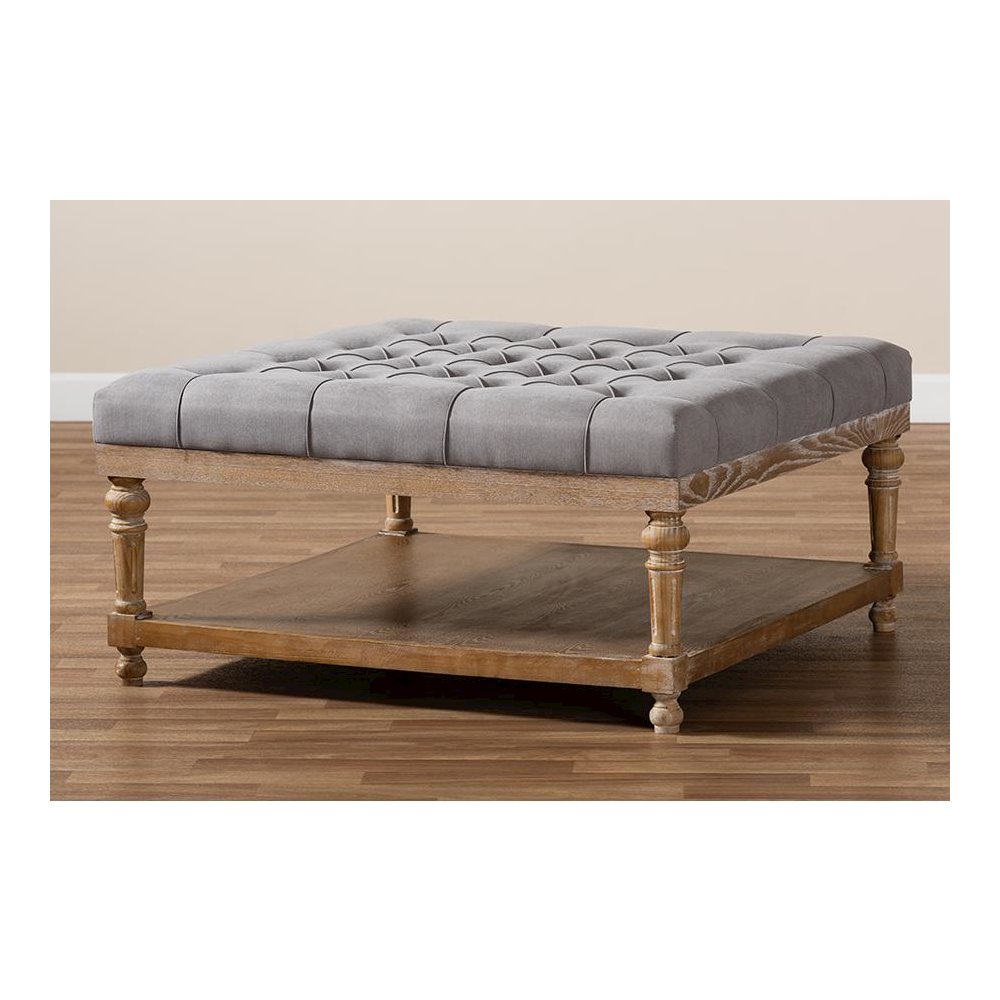 and Rustic Grey Linen Fabric Upholstered and Greywashed Wood Cocktail Ottoman. Picture 6
