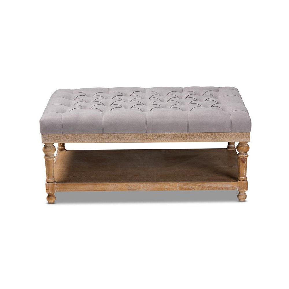 and Rustic Grey Linen Fabric Upholstered and Greywashed Wood Cocktail Ottoman. Picture 2