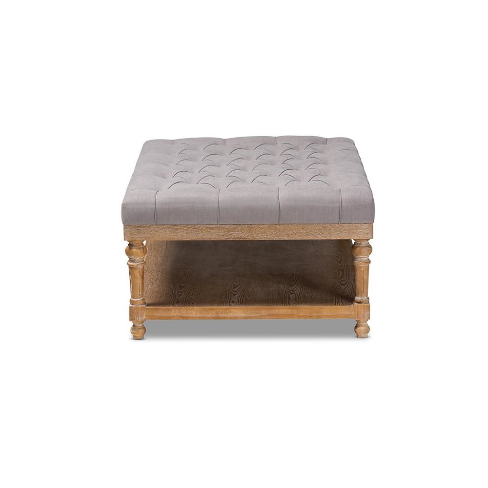 and Rustic Grey Linen Fabric Upholstered and Greywashed Wood Cocktail Ottoman. Picture 3