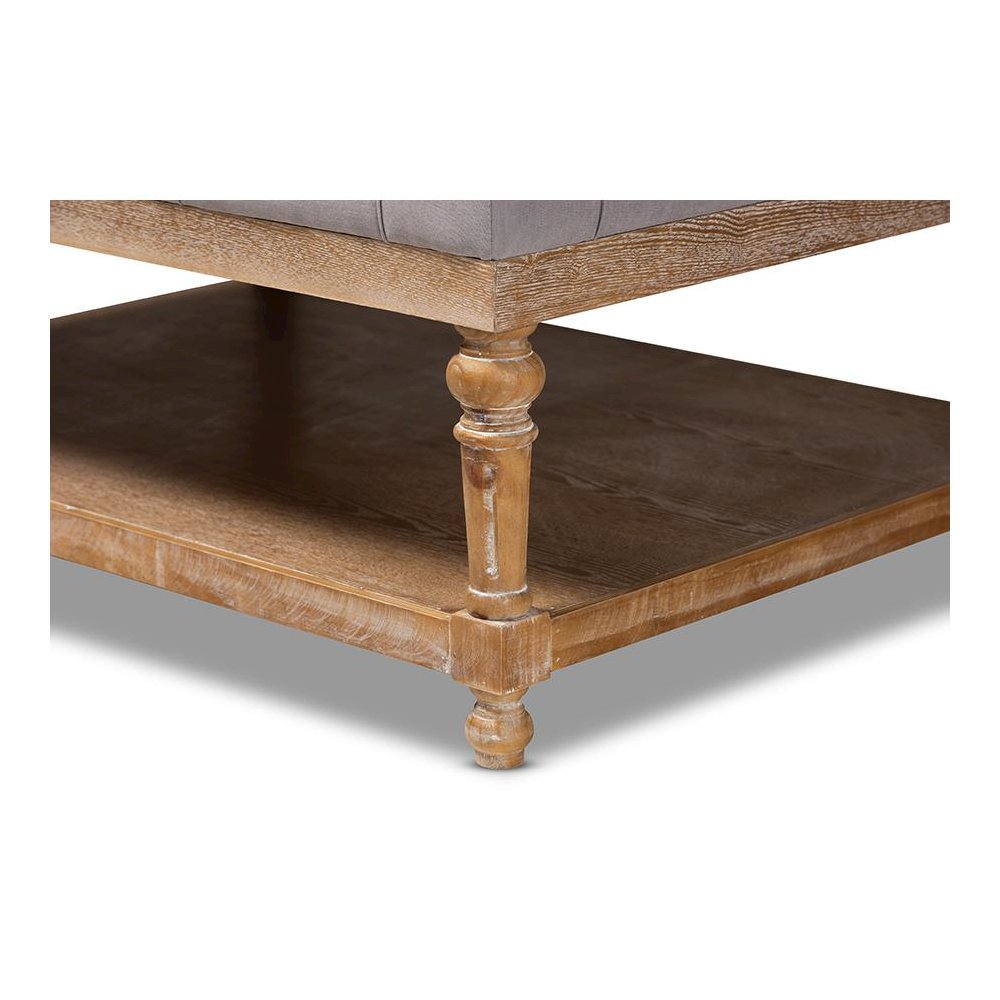 and Rustic Grey Linen Fabric Upholstered and Greywashed Wood Cocktail Ottoman. Picture 5
