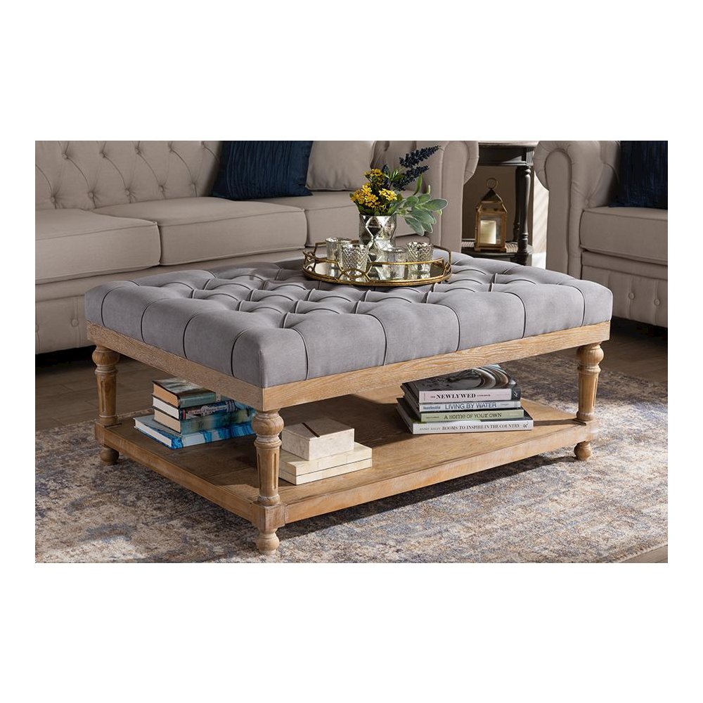 and Rustic Grey Linen Fabric Upholstered and Greywashed Wood Cocktail Ottoman. Picture 6