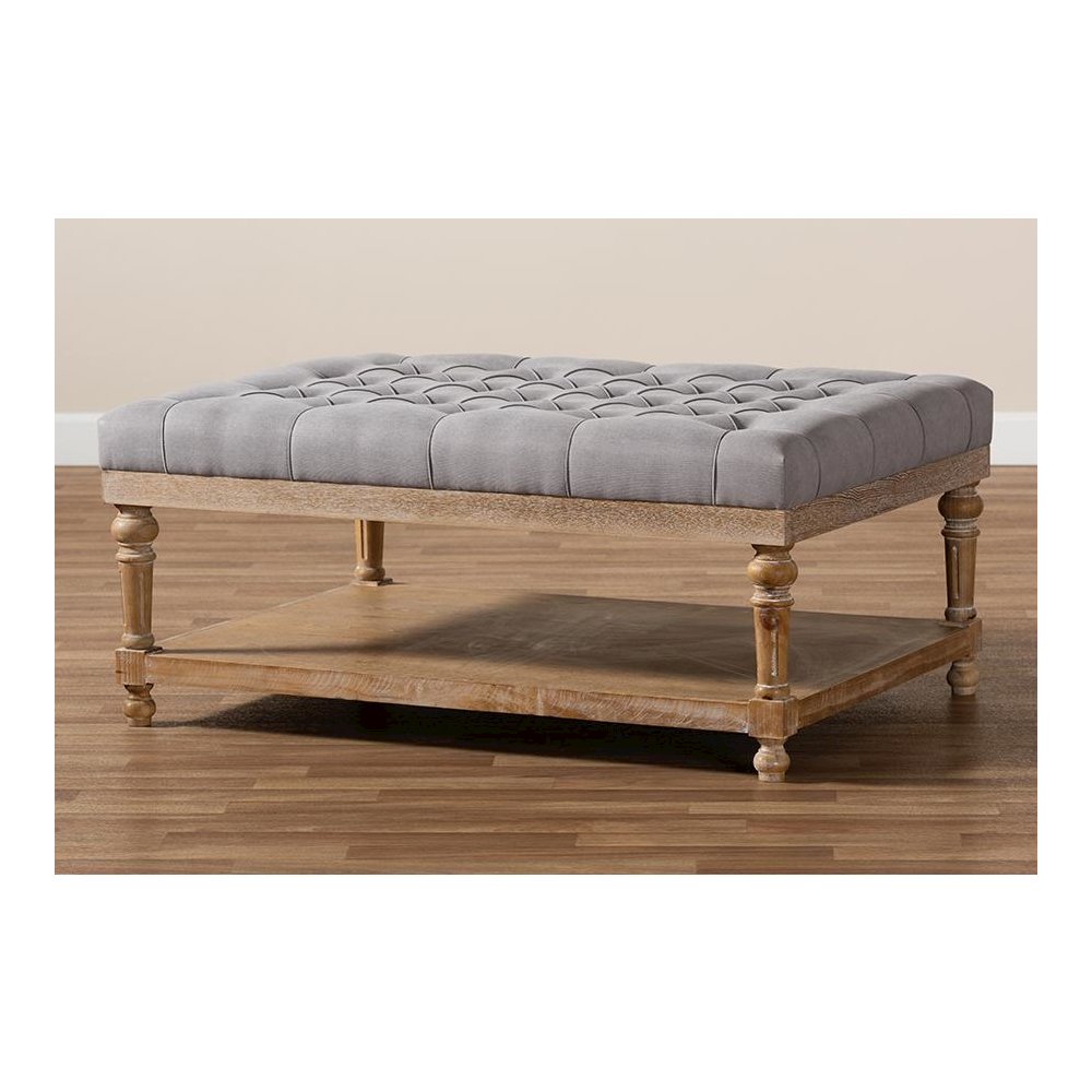 and Rustic Grey Linen Fabric Upholstered and Greywashed Wood Cocktail Ottoman. Picture 7