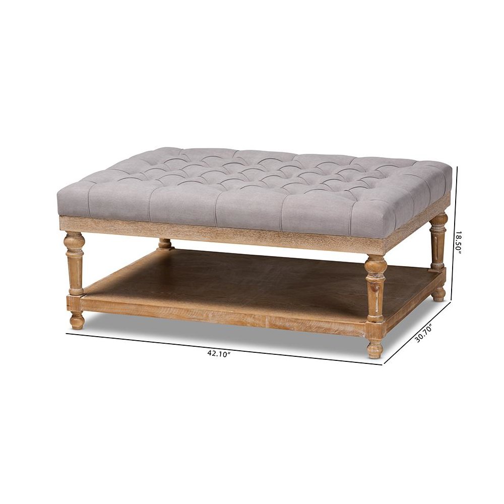and Rustic Grey Linen Fabric Upholstered and Greywashed Wood Cocktail Ottoman. Picture 8