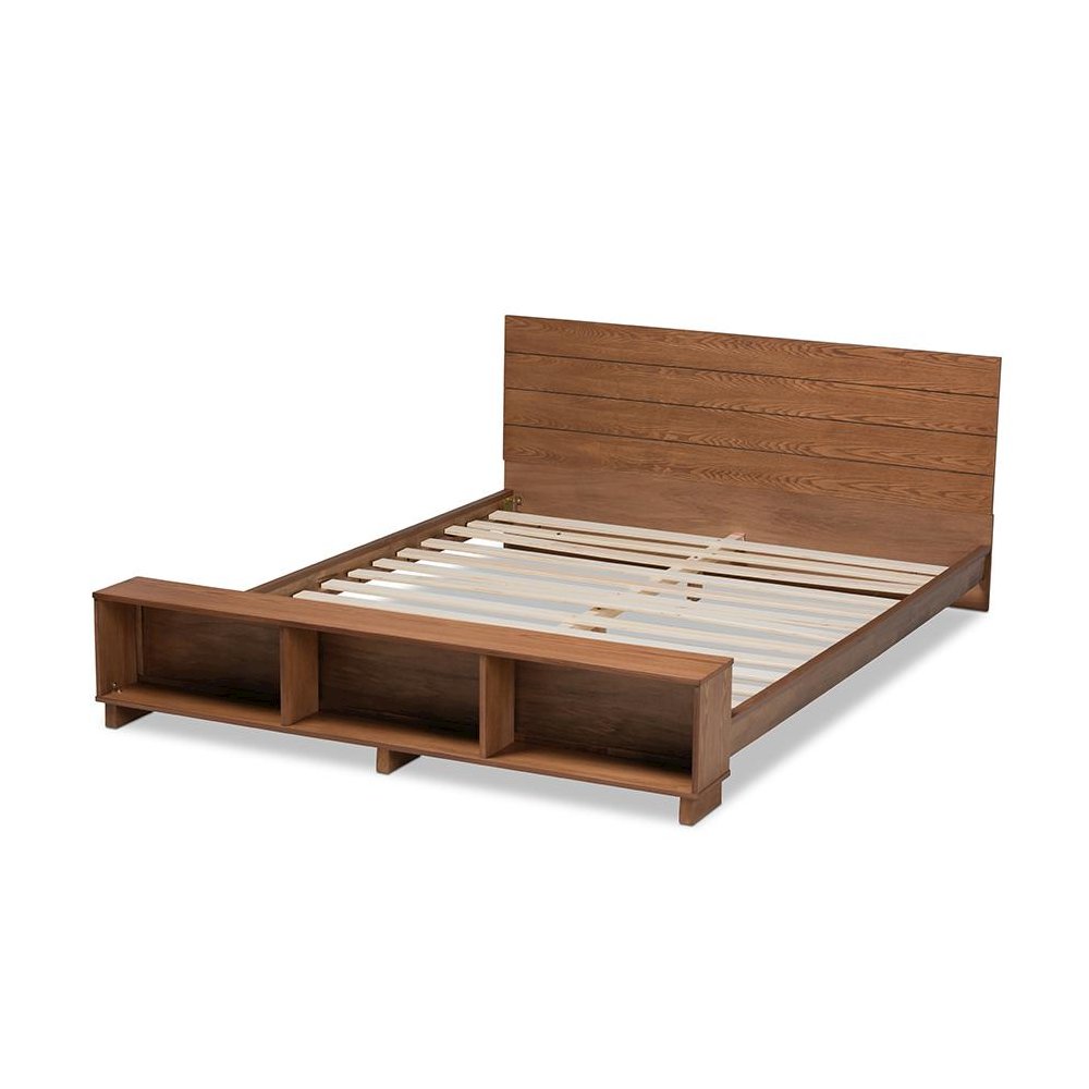 Walnut Brown Finished Wood Full Size Platform Storage Bed with Built-In Shelves. Picture 3