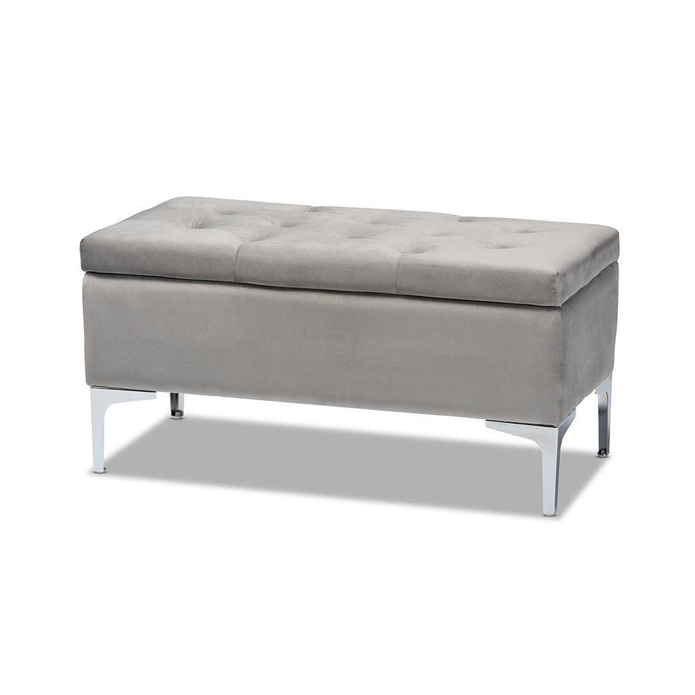 Transitional Grey Velvet Fabric Upholstered Silver Finished Storage Ottoman. Picture 1