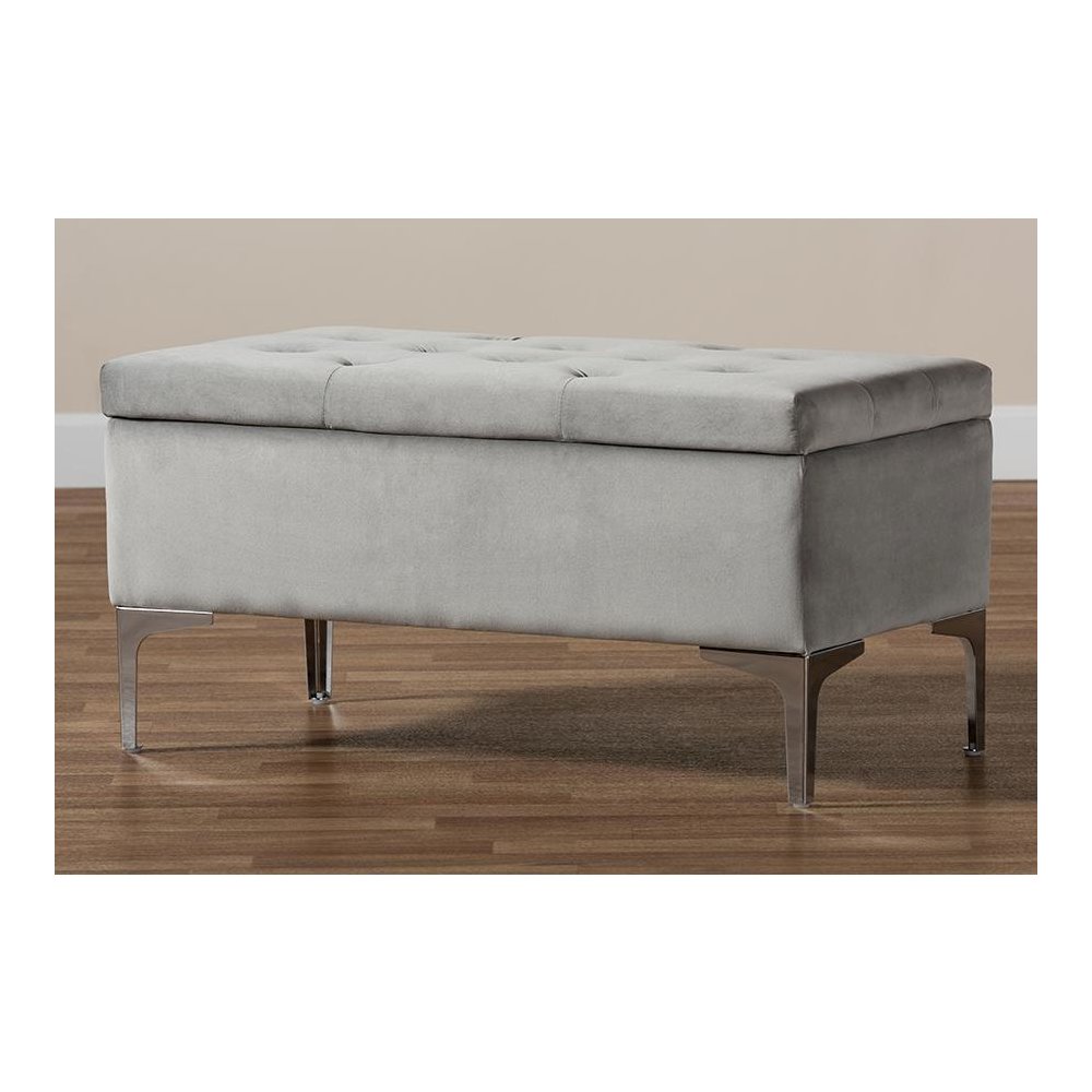 Transitional Grey Velvet Fabric Upholstered Silver Finished Storage Ottoman. Picture 10