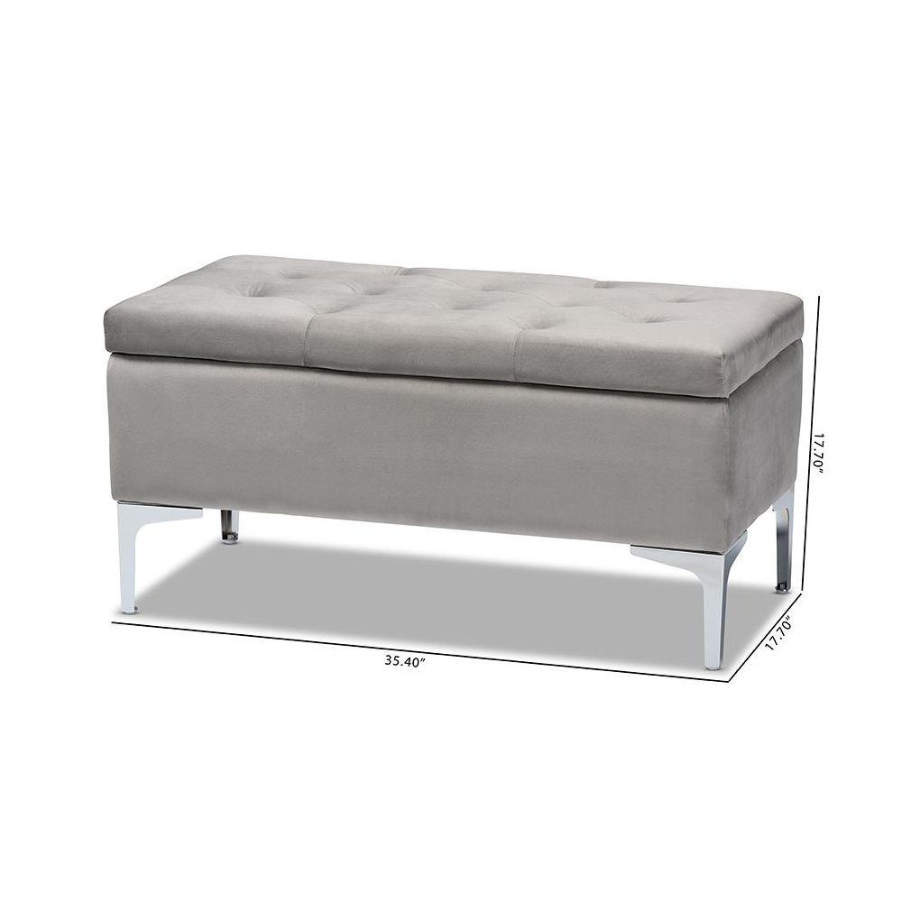 Transitional Grey Velvet Fabric Upholstered Silver Finished Storage Ottoman. Picture 11