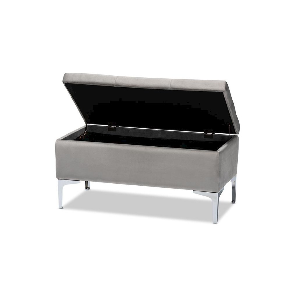 Transitional Grey Velvet Fabric Upholstered Silver Finished Storage Ottoman. Picture 2