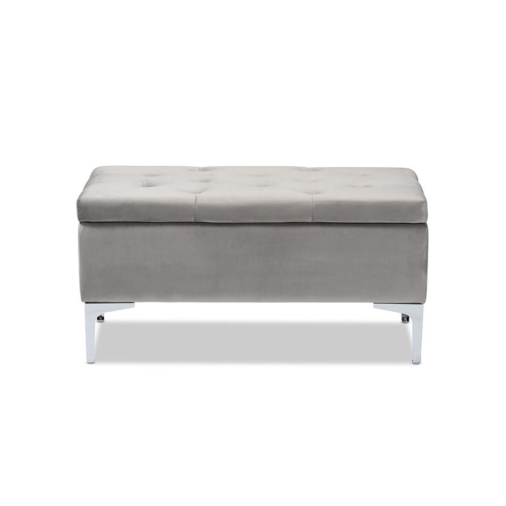 Transitional Grey Velvet Fabric Upholstered Silver Finished Storage Ottoman. Picture 3