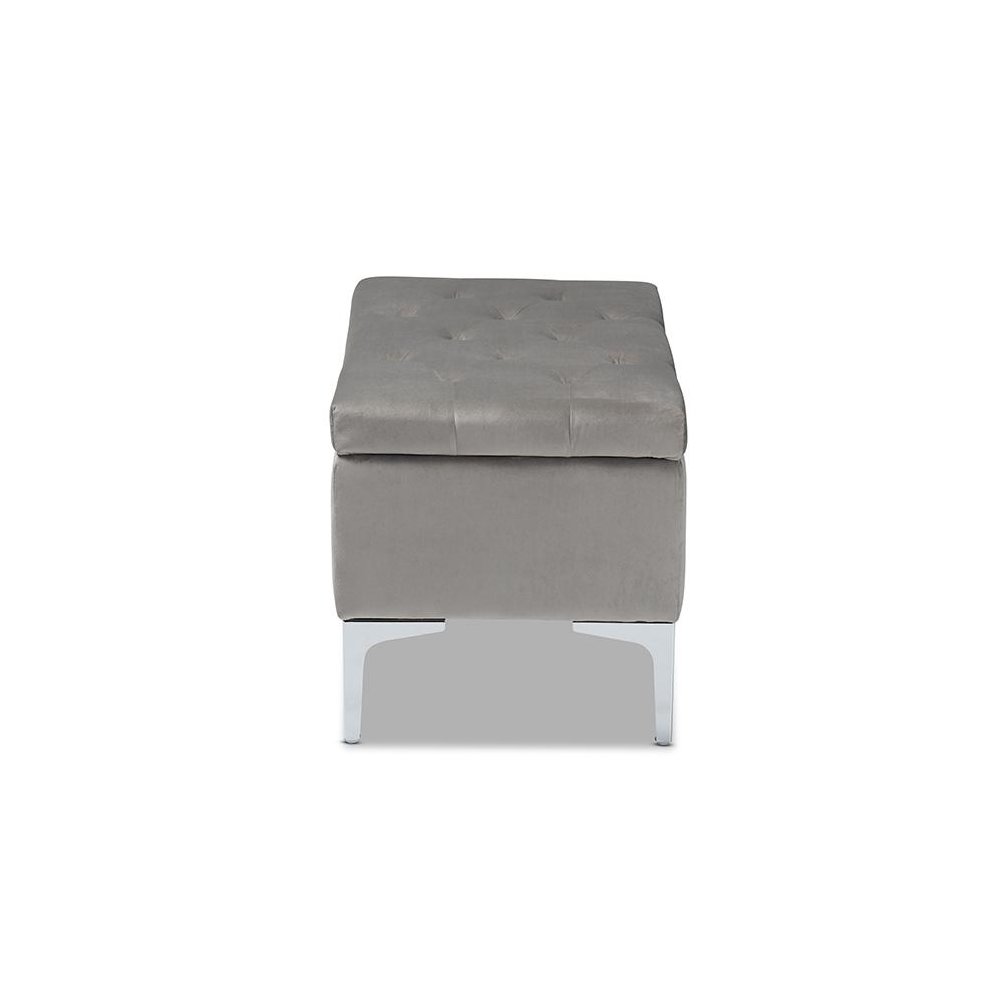 Transitional Grey Velvet Fabric Upholstered Silver Finished Storage Ottoman. Picture 4