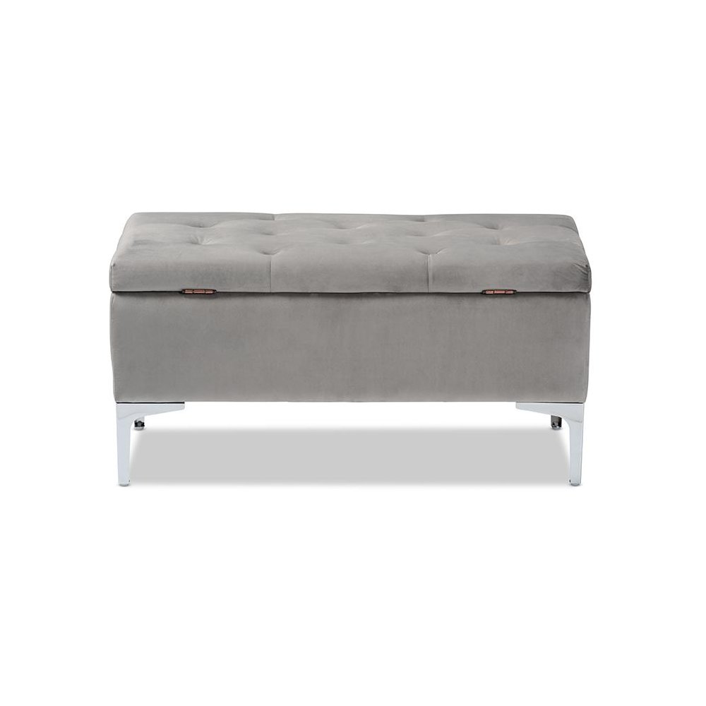 Transitional Grey Velvet Fabric Upholstered Silver Finished Storage Ottoman. Picture 5