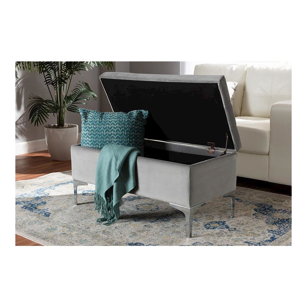 Transitional Grey Velvet Fabric Upholstered Silver Finished Storage Ottoman. Picture 9