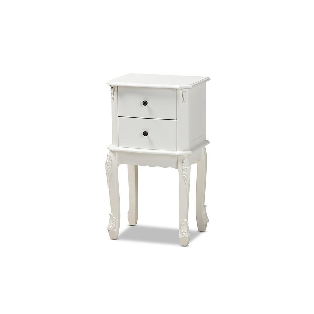 Sophia Classic and Traditional French White Finished Wood 2-Drawer End Table. Picture 1