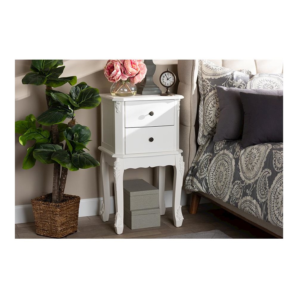Sophia Classic and Traditional French White Finished Wood 2-Drawer End Table. Picture 7