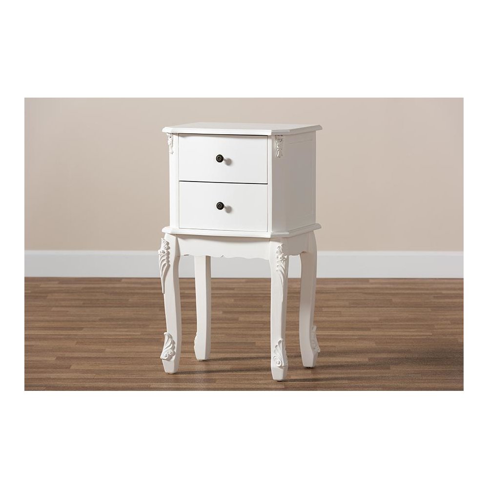 Sophia Classic and Traditional French White Finished Wood 2-Drawer End Table. Picture 8