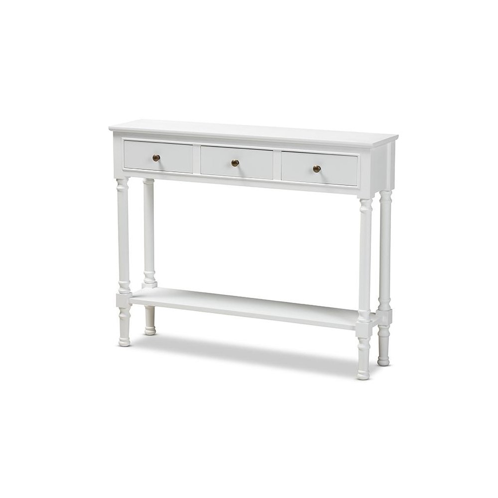 Traditional French Farmhouse White Finished Wood 3-Drawer Entryway Console Table. Picture 1