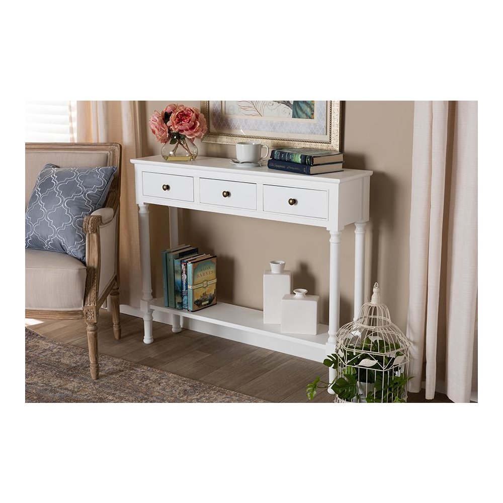 Traditional French Farmhouse White Finished Wood 3-Drawer Entryway Console Table. Picture 7