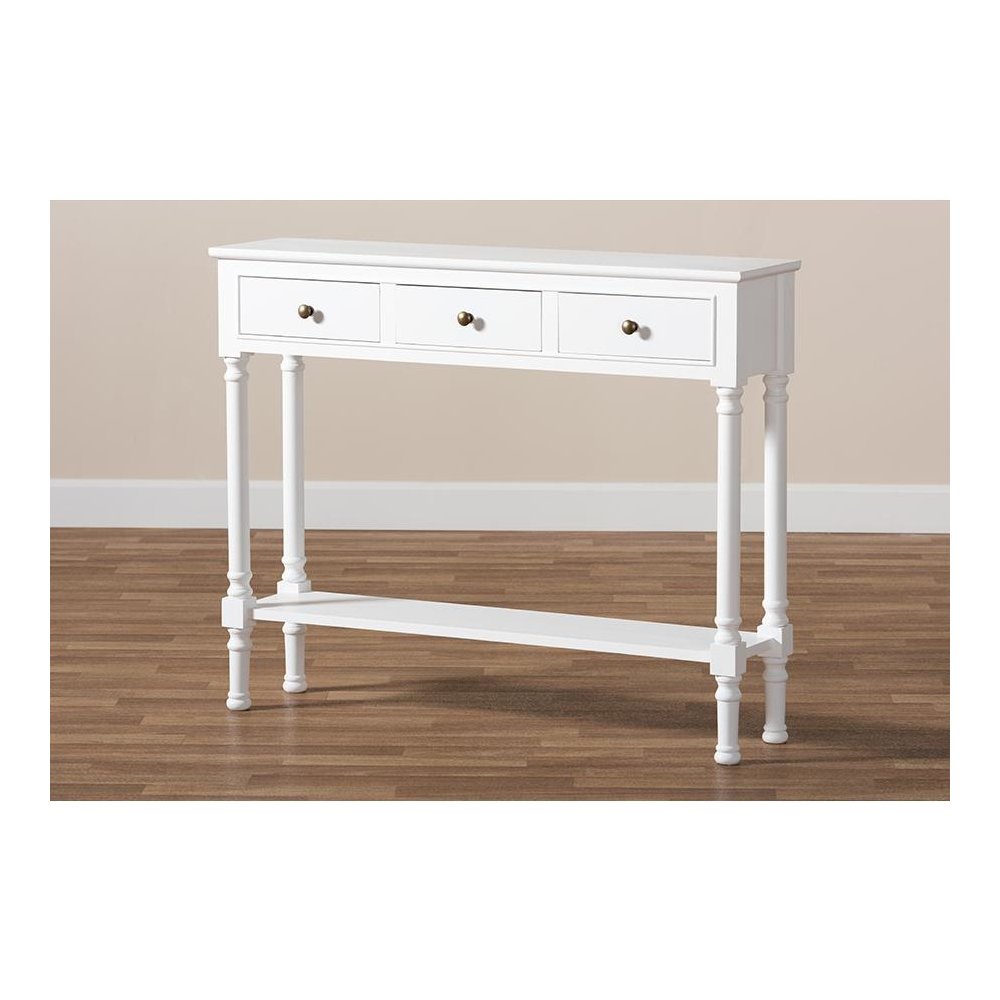 Traditional French Farmhouse White Finished Wood 3-Drawer Entryway Console Table. Picture 8