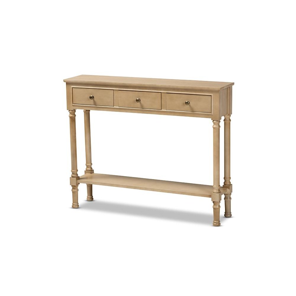 Farmhouse Oak Brown Finished Wood 3-Drawer Entryway Console Table. Picture 1