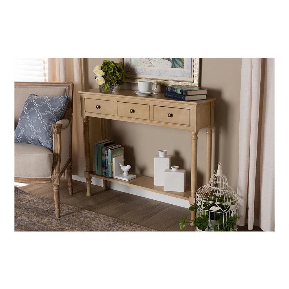 Farmhouse Oak Brown Finished Wood 3-Drawer Entryway Console Table. Picture 7