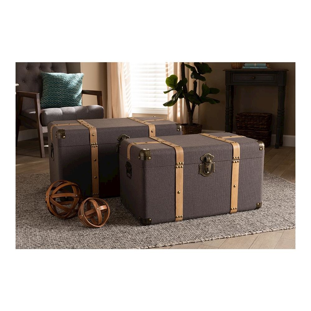 Oak Brown Finished 2-Piece Storage Trunk Set. Picture 5