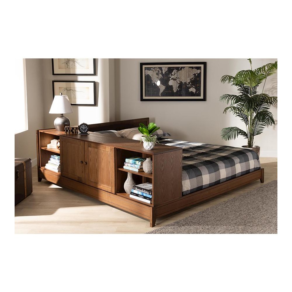 Transitional Walnut Brown Finished Wood Queen Size Platform Storage Bed. Picture 8