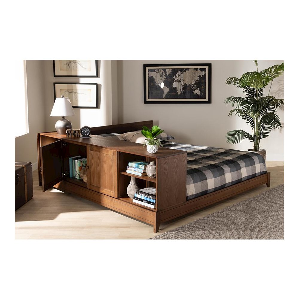 Transitional Walnut Brown Finished Wood Queen Size Platform Storage Bed. Picture 9