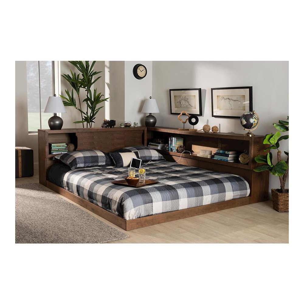 Brown Finished Wood Queen Size Platform Storage Bed with Built-In Outlet. Picture 9