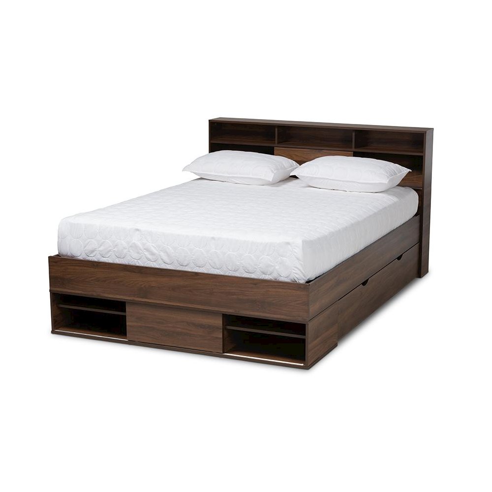 Walnut Brown Finished Wood 1-Drawer Queen Size Platform Storage Bed with Shelves. Picture 1