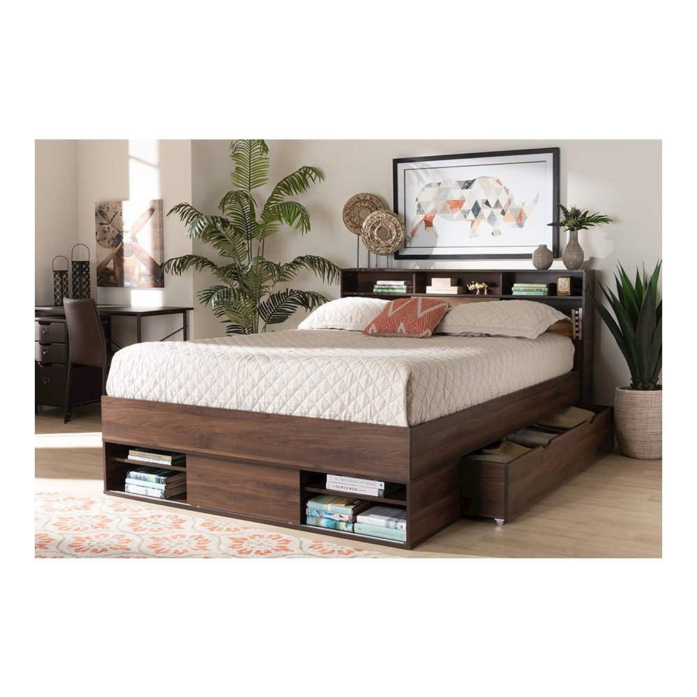 Walnut Brown Finished Wood 1-Drawer Queen Size Platform Storage Bed with Shelves. Picture 10