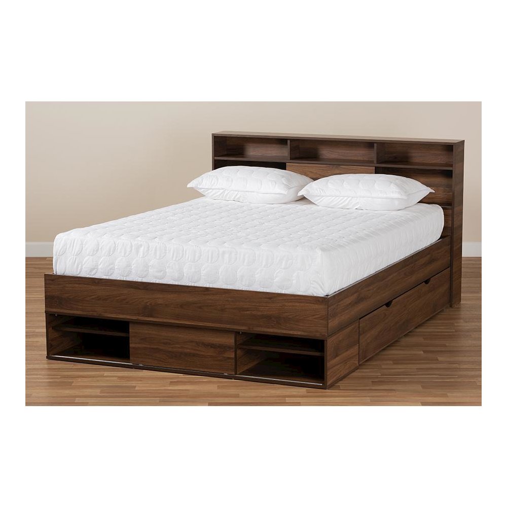 Walnut Brown Finished Wood 1-Drawer Queen Size Platform Storage Bed with Shelves. Picture 11