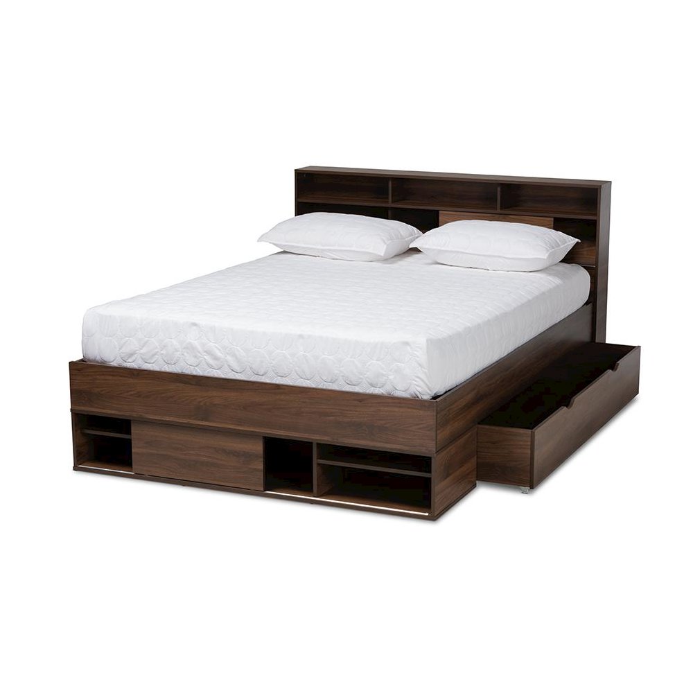 Walnut Brown Finished Wood 1-Drawer Queen Size Platform Storage Bed with Shelves. Picture 2