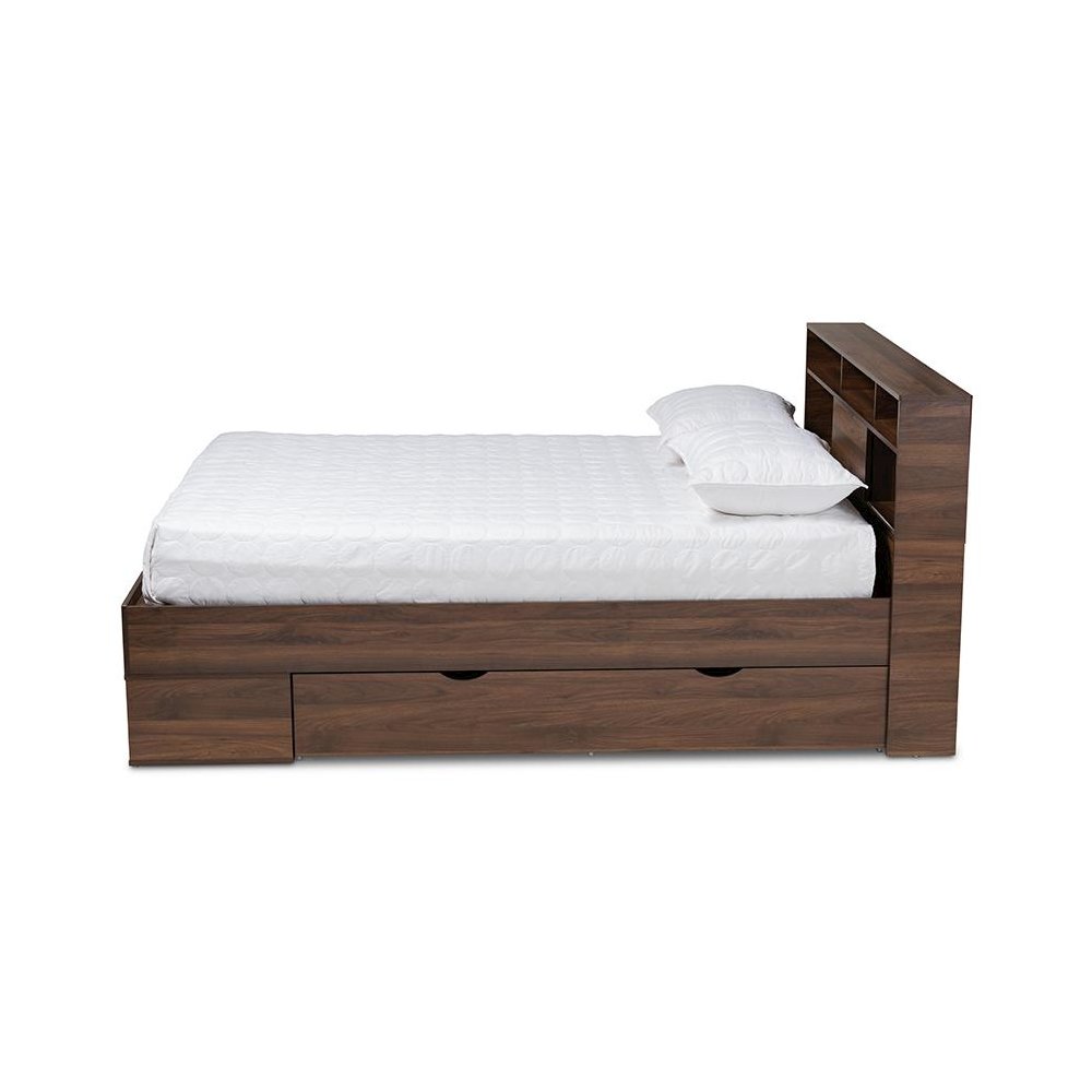 Walnut Brown Finished Wood 1-Drawer Queen Size Platform Storage Bed with Shelves. Picture 3