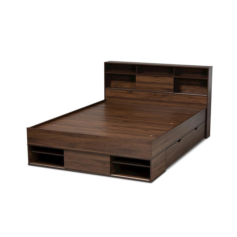 Walnut Brown Finished Wood 1-Drawer Queen Size Platform Storage Bed with Shelves. Picture 4