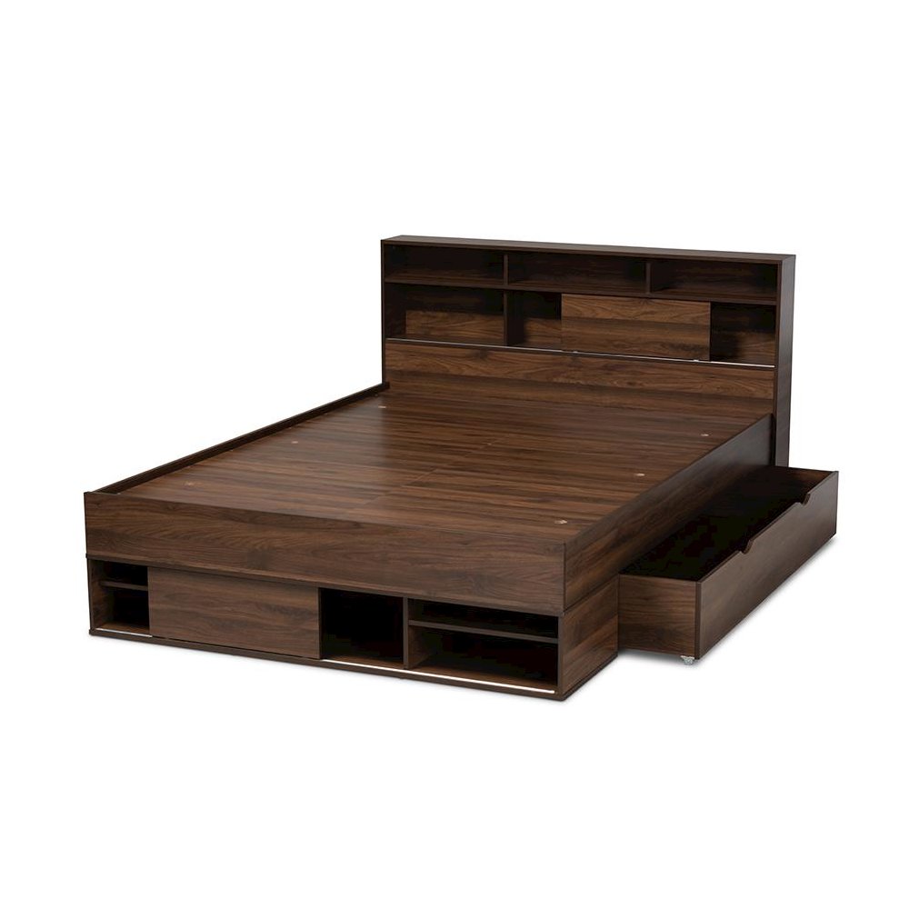 Walnut Brown Finished Wood 1-Drawer Queen Size Platform Storage Bed with Shelves. Picture 5
